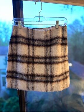 Plaid Faux-Fur Mini Skirt in Cream, Brown and Blue